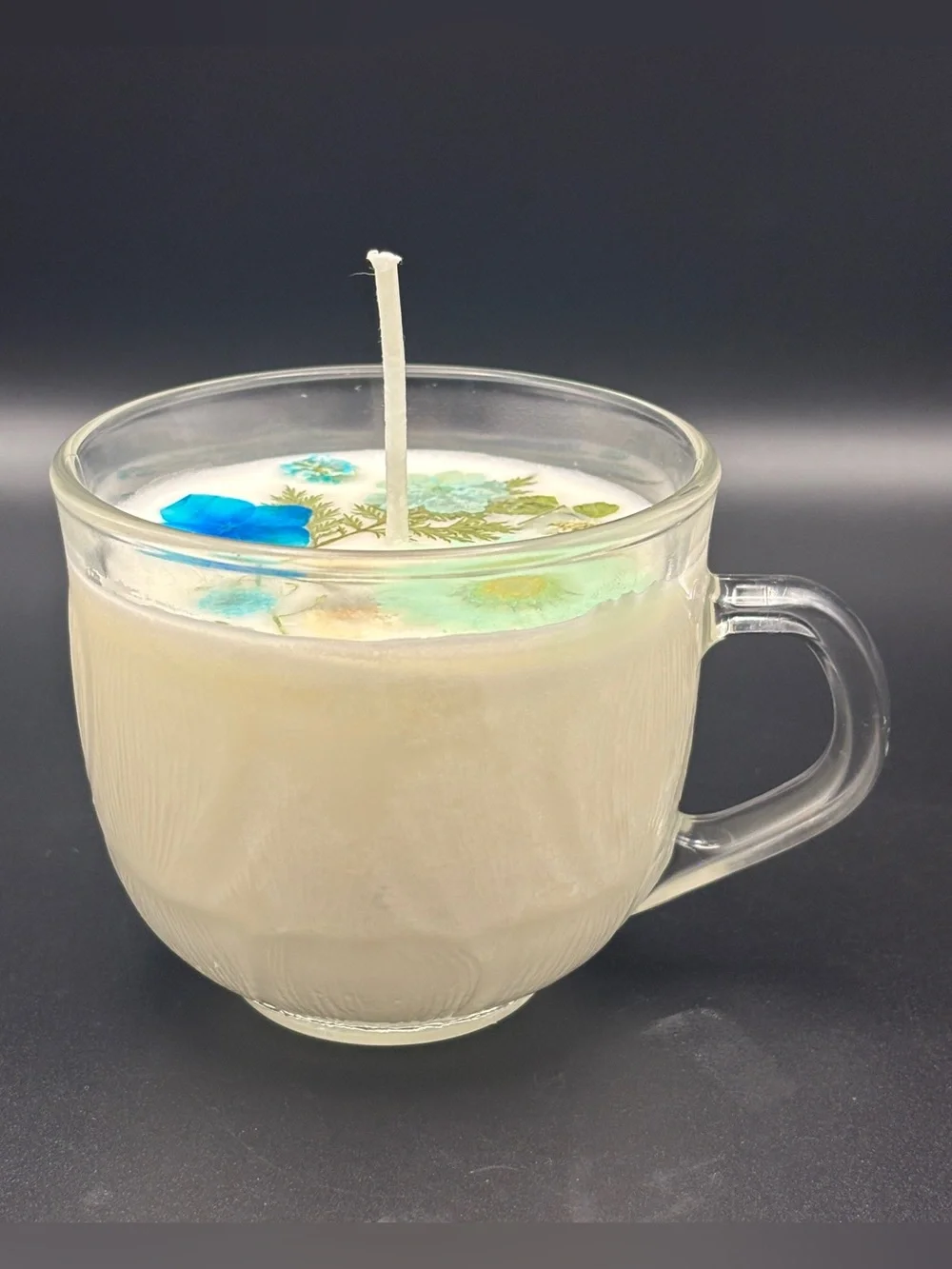 Floral Botanical Teacup Candle with Blue Accent